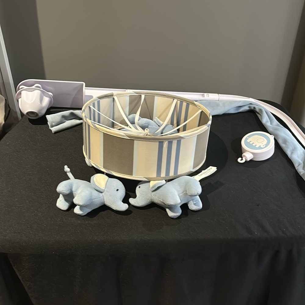 Blue elephant crib mobile with music